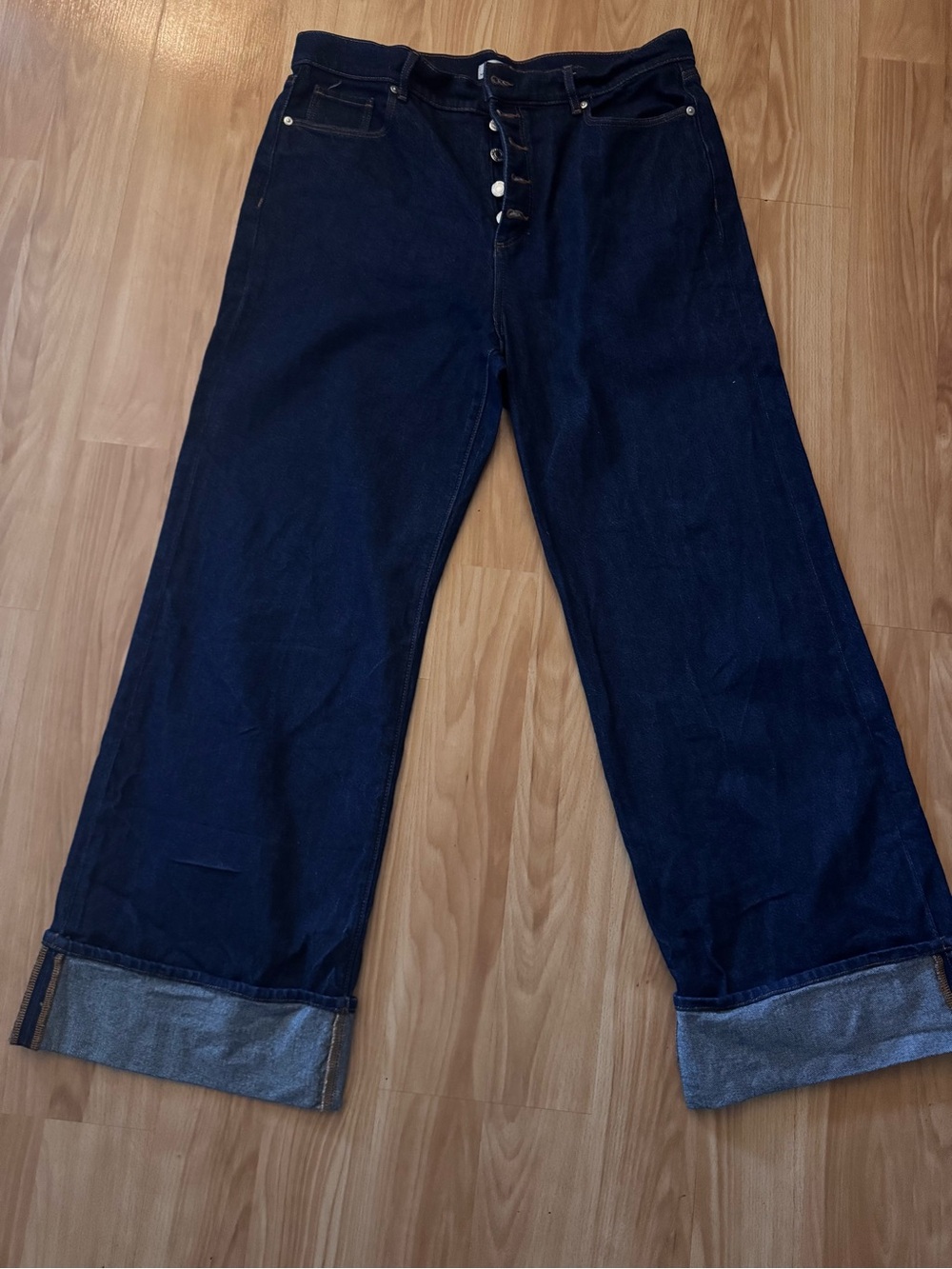 Loft Fashion Dark Indigo Wide-Leg Button-Fly Jeans with Cuffed Hems